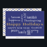 Cartes Pour Fêtes Annuelles Hanoukka Salutations Holiday Blue<br><div class="desc">Collage des salutations de vacances,  Joyeuses Fêtes,  Hanoukka,  Nouvel An,  Bonne Volonté,  Rire,  Bonheur,  Namaste,  Joie,  Paix,  Amour,  Action de grâces,  Famille,  & Dons. Customisez avec votre nom et votre année.</div>