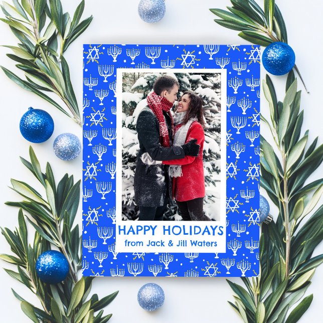 Cartes Pour Fêtes Annuelles Hanoukka Stars Menorahs PHOTO PERSONNALISÉE (Hanukkah Stars Menorahs CUSTOM PHOTO Holiday Postcard
)