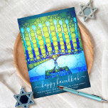 Cartes Pour Fêtes Annuelles Hanoukka Stylish Blue Green Menorah sur Turquoise<br><div class="desc">"Bonne Hanoukka". Une photo de fond illustrant une menorah d'art bleu, colorée et brillante sur un arrière - plan bleu turquoise texturé vous aide à inaugurer la fête de Hanoukka. Sentez la chaleur et la joie de la saison des Fêtes chaque fois que vous envoyez cette magnifique carte de voeux...</div>
