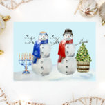 Cartes Pour Fêtes Annuelles Hanukkah et bonhomme de neige de Noël à l'aquarell<br><div class="desc">Ce design peut être personnalisé dans la zone prévue en changeant la photo et/ou le texte. Ou il peut être personnalisé en choisissant l'option "cliquer pour personnaliser davantage" et en supprimant ou en changeant la couleur de l'arrière-plan, en ajoutant du texte, en changeant la couleur ou le style du texte,...</div>