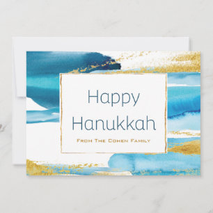 Cartes Pour Fêtes Annuelles Hanukkah familial moderne bleu or aquarelle