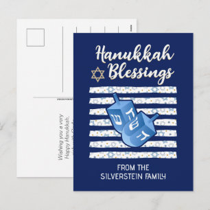 Cartes Pour Fêtes Annuelles Hanukkah familial personnalisé en bleu dreidel