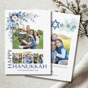 Cartes Pour Fêtes Annuelles Hanukkah Floral Bleu Famille Multi-Photos Moderne