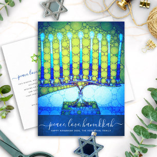 Cartes Pour Fêtes Annuelles Hanukkah Moderne Menorah Bleue Verte Élégante