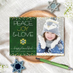Cartes Pour Fêtes Annuelles Hanukkah Peace Joy Love Snowflake Green Photo Flat<br><div class="desc">"Peace, joy & love." A fun, playful, gold foil and white snowflake illustration and modern typographiy on a rich, deep dark green marble watercolor background help you usher in the Hanukkah season, along with the custom photo of your choice. Faux gold foil and white confeti dots frame the card. Feel...</div>