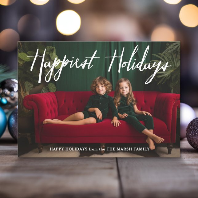 Cartes Pour Fêtes Annuelles Happest Holidays calligraphie moderne - 1 photo (Modern Christmas Photo Greeting Card)