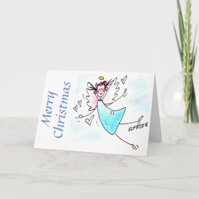Cartes Pour Fêtes Annuelles Happy Angel souriant bleu Gown avec Coeurs (Devant)