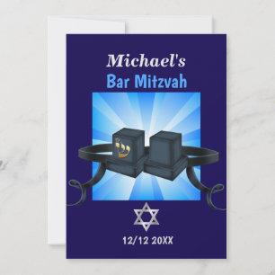 Cartes Pour Fêtes Annuelles Happy Bar Mitzvah 20XX Tefillin Blue Personnalisé