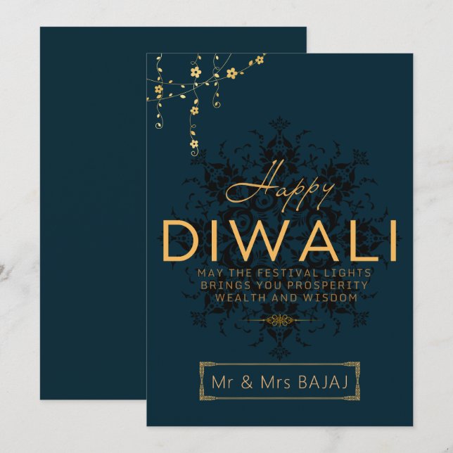 Cartes Pour Fêtes Annuelles Happy Diwali personnalisable marine et or (Devant / Derrière)