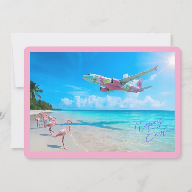 Cartes Pour Fêtes Annuelles Happy Easter Airplane Over Beach with Flamingos (Devant)