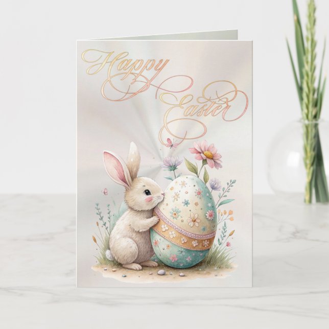Cartes Pour Fêtes Annuelles Happy Easter Cute Bunny & Egg Pastel Floral (Devant)