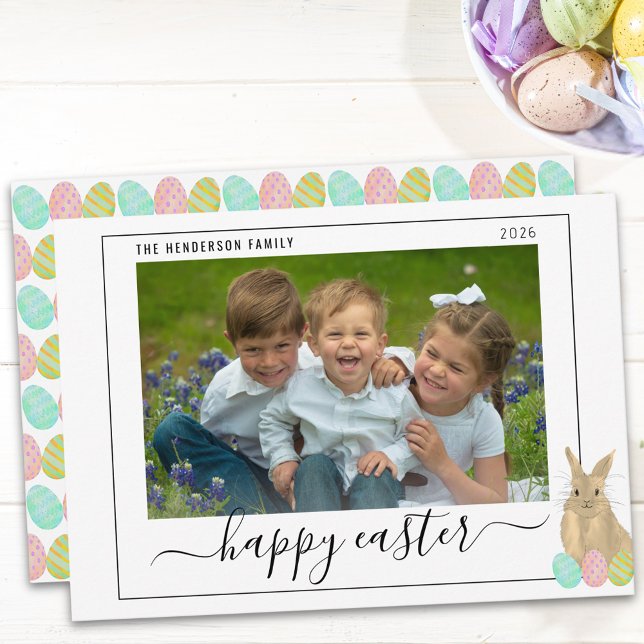 Cartes Pour Fêtes Annuelles Happy Easter Cute Bunny Kids Photo (Watercolor cute Easter bunny kids photo holiday flat card Whimsical elegant modern script)