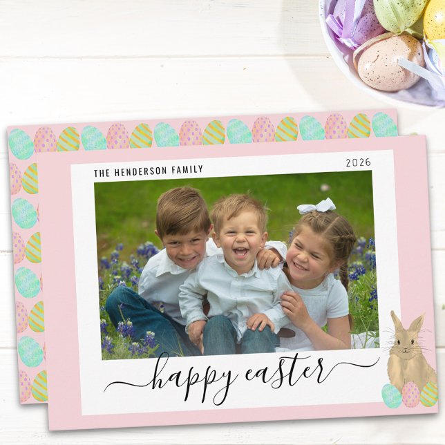 Cartes Pour Fêtes Annuelles Happy Easter Cute Bunny Kids Photo Pink (Cute Easter bunny kids photo pink holiday card whimsical Elegant script)