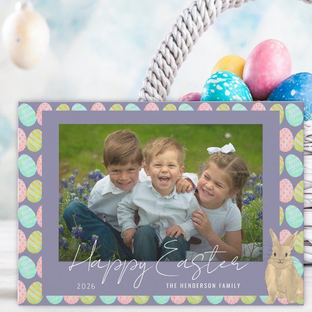 Cartes Pour Fêtes Annuelles Happy Easter Cute Bunny Photo (Watercolor cute bunny and Easter eggs photo happy Easter holiday flat greetings card)
