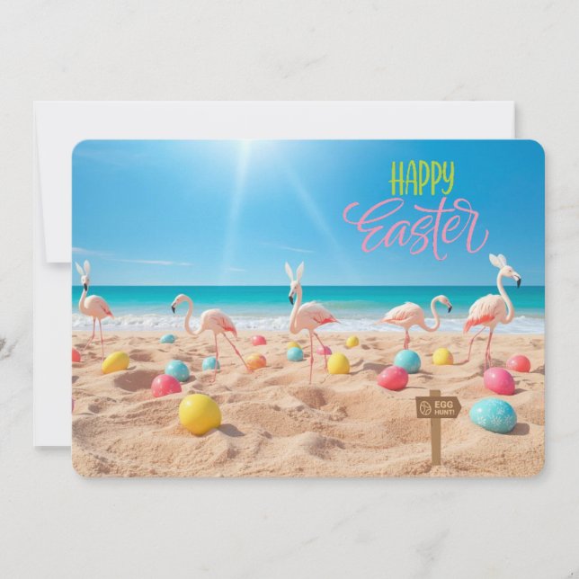 Cartes Pour Fêtes Annuelles Happy Easter Flamingo Easter Egg Hunt on Beach (Devant)