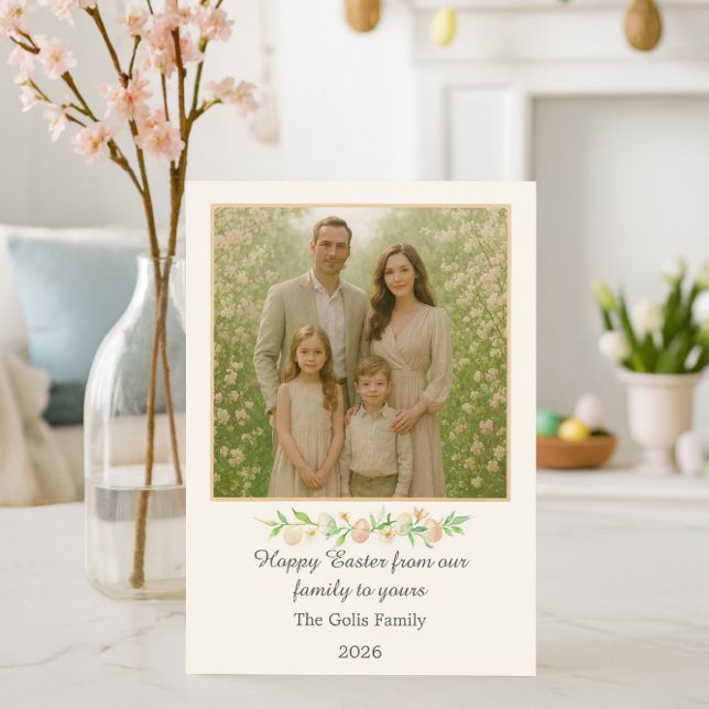 Cartes Pour Fêtes Annuelles Happy Easter Floral Family Photo Flat Holiday Card (Spring light, cherry blossoms, and a heartfelt Easter wish—family joy in full bloom.)
