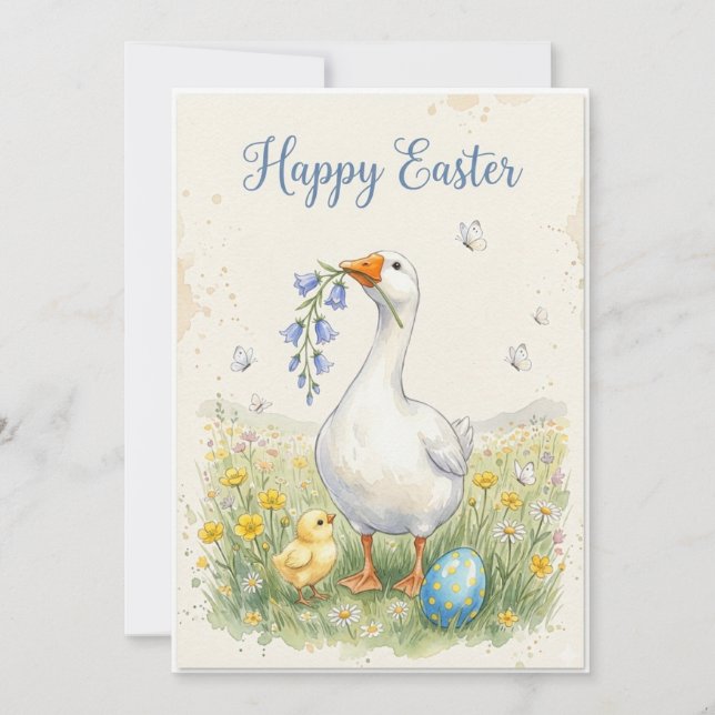 Cartes Pour Fêtes Annuelles Happy Easter Goose Card | Chick & Bellflowers (Devant)