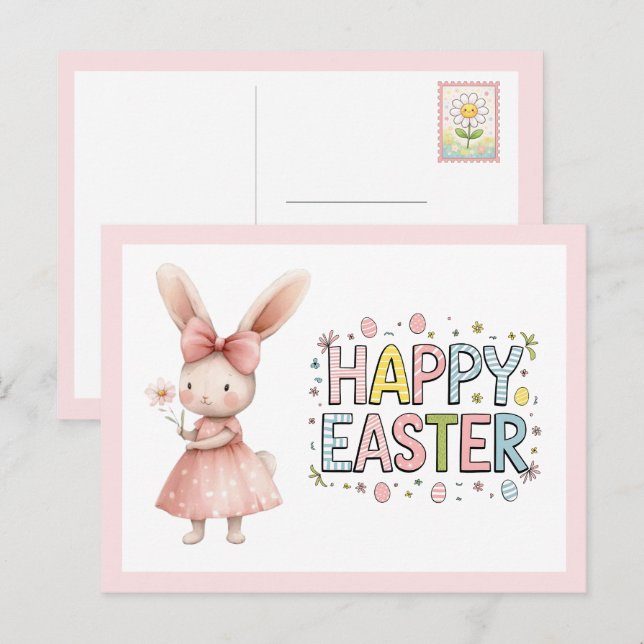 Cartes Pour Fêtes Annuelles Happy Easter Pink Bunny Postcard (Devant / Derrière)