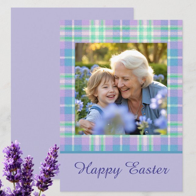 Cartes Pour Fêtes Annuelles Happy Easter Plaid One Photo Purple Blue Pastel (Créateur téléchargé)