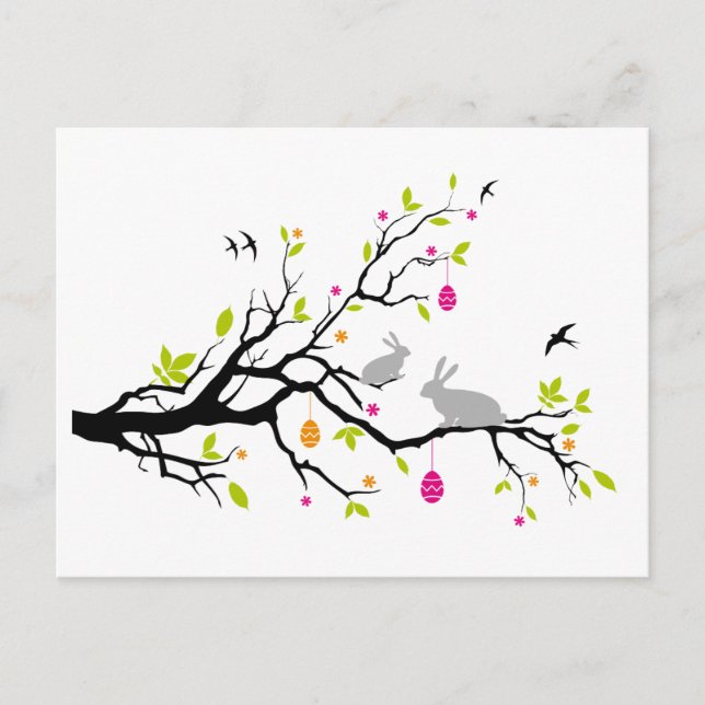 Cartes Pour Fêtes Annuelles Happy Easter, spring tree with bunnies (Devant)