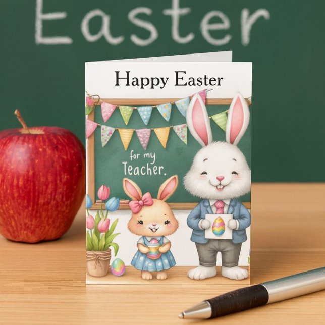 Cartes Pour Fêtes Annuelles Happy Easter Teacher From Kids  (Sweet Easter card for teacher with bunnies, chalkboard, tulips, and festive classroom charm.)
