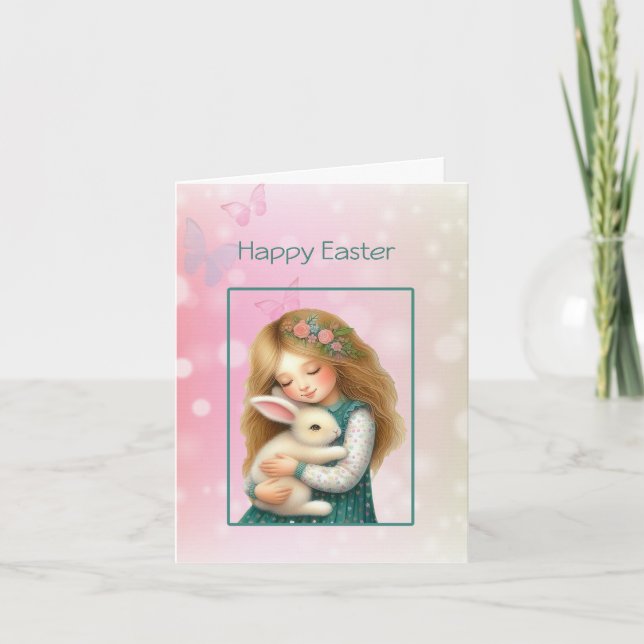 Cartes Pour Fêtes Annuelles Happy Easter with Cute Girl and Bunny Card (Devant)