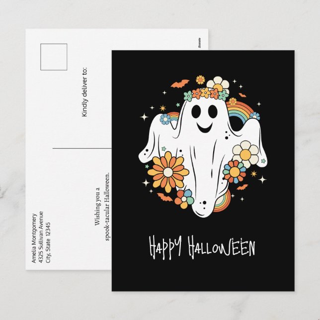 Cartes Pour Fêtes Annuelles Happy Ghost Retro Hippie Vibe Halloween (Devant / Derrière)