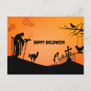 Cartes Pour Fêtes Annuelles Happy Halloween Chat et chauves-souris silhouetté