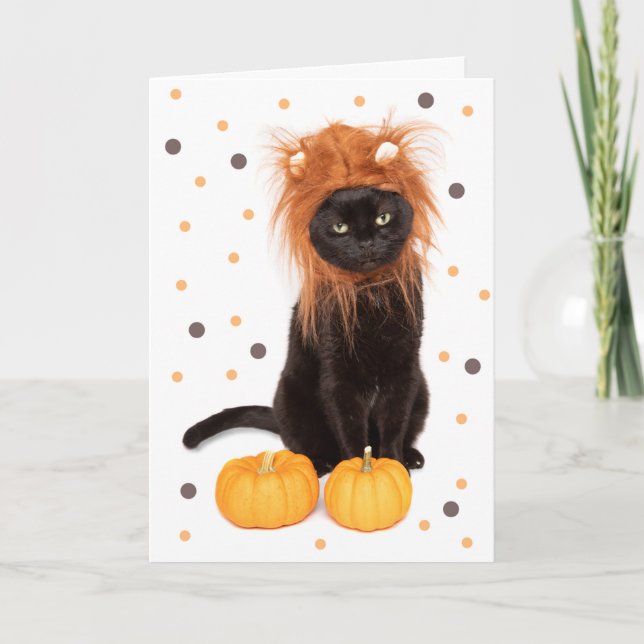 Cartes Pour Fêtes Annuelles Happy Halloween Chat Kitty noir en costume de lion (Devant)