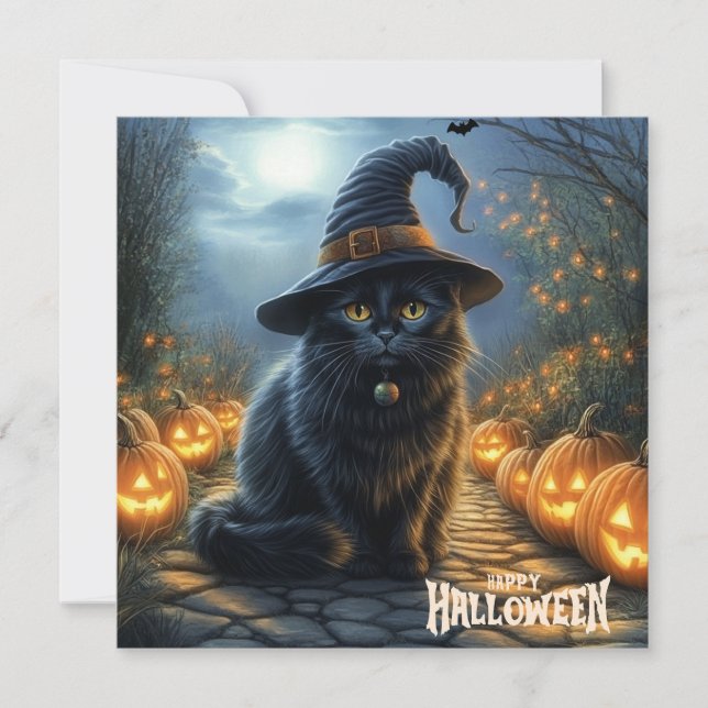 Cartes Pour Fêtes Annuelles Happy Halloween Chat noir avec Citrouille (Devant)