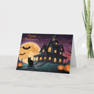 Cartes Pour Fêtes Annuelles Happy Halloween Chat noir et Maison hantée