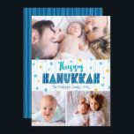 Cartes Pour Fêtes Annuelles Happy Hanoukka 3 Photo Modern Typographie Gold Sta<br><div class="desc">"Bonne Hanoukka." Une typographie artisanale amusante, ludique et fantaisiste, accompagnée d'une Star of David motif au hasard en papier bleu clair et en feuille d'or, le tout surplombant des lignes d'aqua bleu clair dessinées à la main sur un arrière - plan blanc, avec 3 photos de votre choix, vous aide...</div>