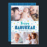 Cartes Pour Fêtes Annuelles Happy Hanoukka 3 Photo Modern Typographie Gold Sta<br><div class="desc">"Bonne Hanoukka." Une typographie artisanale amusante, ludique et fantaisiste, accompagnée d'une Star of David motif au hasard en papier bleu clair et en feuille d'or, le tout surplombant des lignes d'aqua bleu clair dessinées à la main sur un arrière - plan blanc, avec 3 photos de votre choix, vous aide...</div>
