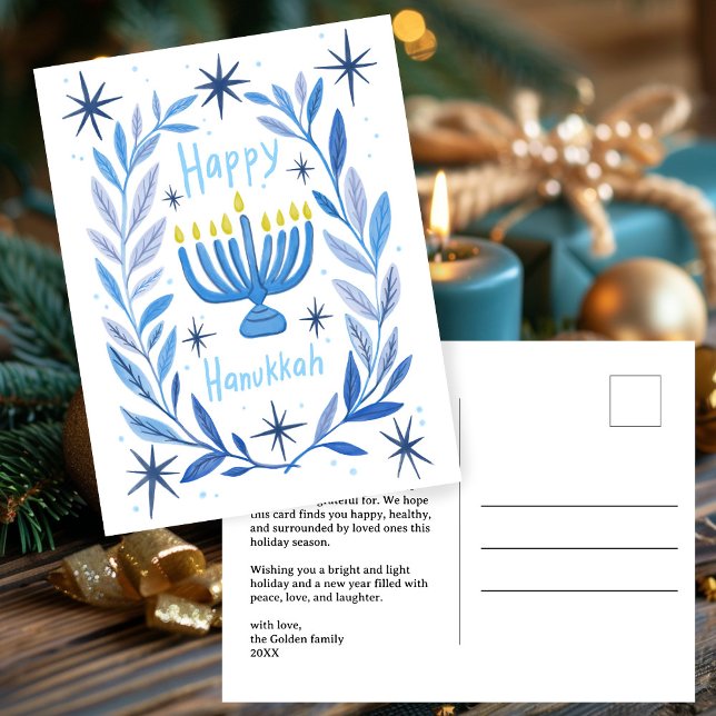 Cartes Pour Fêtes Annuelles Happy Hanoukka Botanical Menorah Aquarelle PERSONN (Happy Hanukkah Botanical Menorah Watercolor CUSTOM Non-Photo Holiday Postcard
)