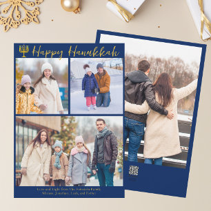 Cartes Pour Fêtes Annuelles Happy Hanoukka Family 3 Photo Collage Modern Blue