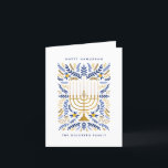 Cartes Pour Fêtes Annuelles Happy Hanoukka Festive Watercolor Menorah Photo<br><div class="desc">Heureux Hanoukka ! Envoyez vos voeux Hanoukka à votre famille et à vos amis avec ce carte photo plié élégant. Il est doté d'aquarelle Menorah et d'élégantes feuilles de couronnes dans une palette sophistiquée d'or, bleu clair et bleu marine. Customisez la carte avec votre message préféré et deux lignes de...</div>