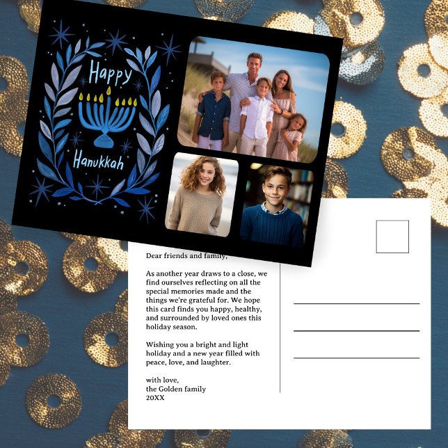 Cartes Pour Fêtes Annuelles Happy Hanoukka Menorah Aquarelle CUSTOM 3 Photo (Happy Hanukkah Menorah Watercolor CUSTOM 3 Photo Holiday Postcard
)