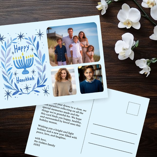 Cartes Pour Fêtes Annuelles Happy Hanoukka Menorah Aquarelle CUSTOM 3 Photos (Happy Hanukkah Menorah Watercolor CUSTOM 3 Photos Holiday Postcard
)