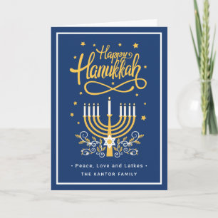 Cartes Pour Fêtes Annuelles Happy Hanoukka Peace Love Latkes Modern Blue