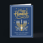 Cartes Pour Fêtes Annuelles Happy Hanoukka Peace Love Latkes Moderne Bleu<br><div class="desc">Envoyez vos souhaits avec cette Carte de Vacances qui comporte un script et un symbole d'Hanoukka merveilleux et étonnant pour mettre en évidence votre message de voeux.</div>