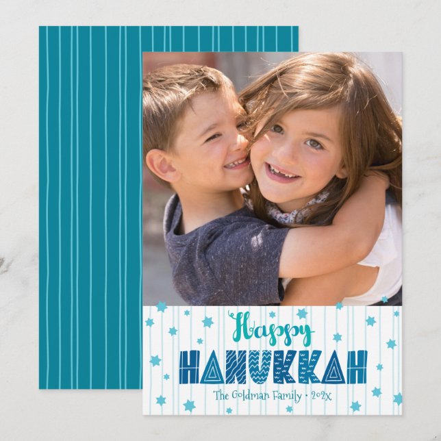Cartes Pour Fêtes Annuelles Happy Hanoukka Photo Turquoise Typographie Bold (Devant / Derrière)