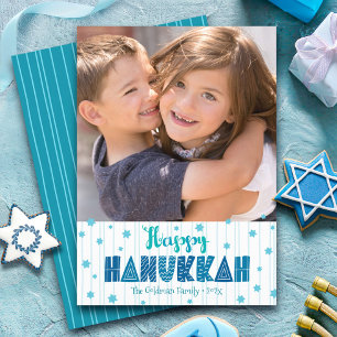 Cartes Pour Fêtes Annuelles Happy Hanoukka Photo Turquoise Typographie Bold