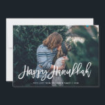 Cartes Pour Fêtes Annuelles Happy Hanoukka stylish Script et Motif | Photo<br><div class="desc">Cette carte Hanoukka moderne et élégante présente votre photo personnelle sur le devant,  avec les mots "Happy Hanoukka" en script tendance. Le dos contient un motif abstrait bleu marine et blanc.</div>
