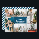 Cartes Pour Fêtes Annuelles Happy Hanoukka Typographie Blue Photo Collage<br><div class="desc">Heureux Hanoukka ! Envoyez vos souhaits de vacances et vos salutations avec ce carte photo de vacances moderne et élégant. Il présente une typographie rétro audacieuse avec un motif à rayures blanches et bleues. Personnalisez en ajoutant vos photos, salutation, noms et autres détails préférés. Les textes sont entièrement modifiables. Disponible...</div>