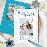 Cartes Pour Fêtes Annuelles Happy Hanukkah 5 Photo Hand Drawn Doodle Whimsical<br><div class="desc">“Happy Hanukkah.” It's that time to touch base with your family and friends to celebrate Hanukkah and usher in the festival of lights. Fun, whimsical navy blue handwritten script typography, Star of David and turquoise teal blue hand drawn Hanukkah dreidels and sparkles, along with the photo of your choice, overlay...</div>