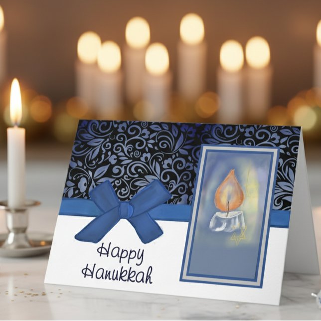 Cartes Pour Fêtes Annuelles Happy Hanukkah Elegant Blue Scroll Pattern Candle (Happy Hanukkah Elegant Blue Scroll Pattern Candle Holiday Card)