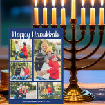 Cartes Pour Fêtes Annuelles Happy Hanukkah Family Photo Collage Blue Pattern<br><div class="desc">Beautiful blue Happy Hanukkah cards with your family photo collage underneath the white script. Cute customized photograph cards for a proud Jewish family during the holiday season. The back is a dreidel,  menorah,  and Star of David pattern.</div>