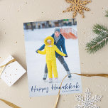 Cartes Pour Fêtes Annuelles Happy Hanukkah Photo Trendy Vertical Blue Script<br><div class="desc">Modern customizable Jewish full photo vertical Hanukkah card with a winter photograph of your child or family with blue script overlay. Add your favorite Chanukah picture and customize your own Happy Hanukkah message of love and light.</div>