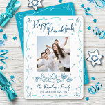 Cartes Pour Fêtes Annuelles Happy Hanukkah Photo Whimsical Hand Drawn Doodles<br><div class="desc">“Happy Hanukkah.” It's that time to touch base with your family and friends to celebrate Hanukkah and usher in the festival of lights. Fun, whimsical navy blue handwritten script typography and turquoise teal blue hand drawn Hanukkah icon doodles, along with the photo of your choice, overlay a white background. Additional...</div>