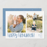 Cartes Pour Fêtes Annuelles Happy Hanukkah Playful 2 Photo<br><div class="desc">Hanukkah holiday photo card. Features,  playful light blue bold handwritten "Happy Hanukkah" ,  2 photo template spaces on front or card,  and coordinating snowy overlay on light blue color backing. Template text lines for your name and year in matching blue color.</div>